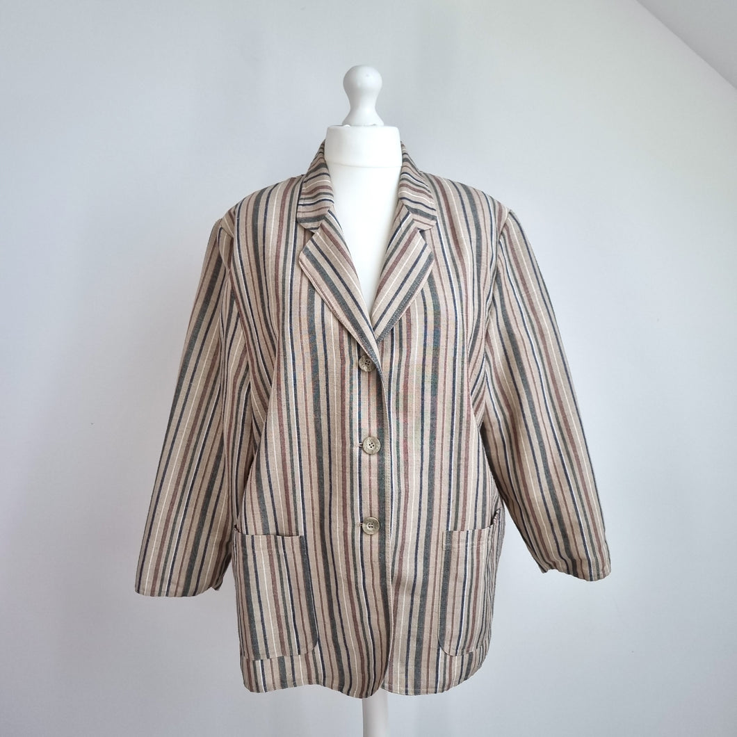 Vintage St Michael Blazer UK 18 20 Linen Blend Beige Striped 90s M&S Jacket Plus
