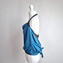 Load image into Gallery viewer, Vintage Topshop Y2K Top Halterneck Beaded Sequins Blue Jersey Backless Cowl 8
