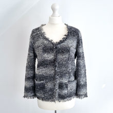 Load image into Gallery viewer, 360 Sweater Cardigan Boucle Knit Fringed Grey Black Distressed Frayed Medium
