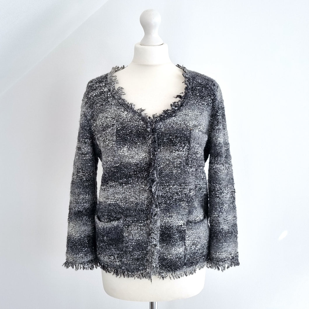 360 Sweater Cardigan Boucle Knit Fringed Grey Black Distressed Frayed Medium