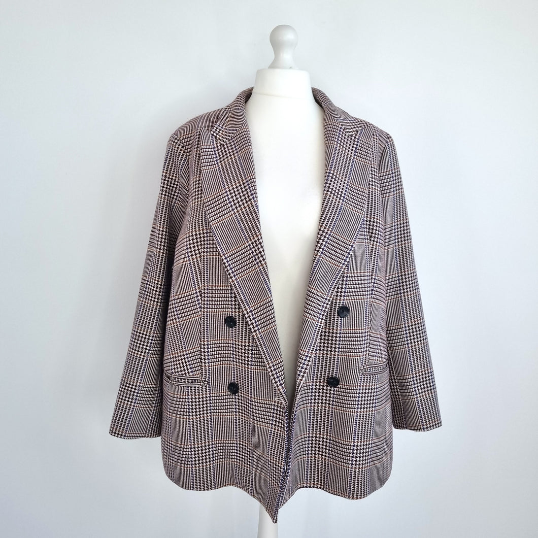 M&S Blazer Jacket Check Plaid Wool Blend Grey Lined Coat Work Double Breast 24