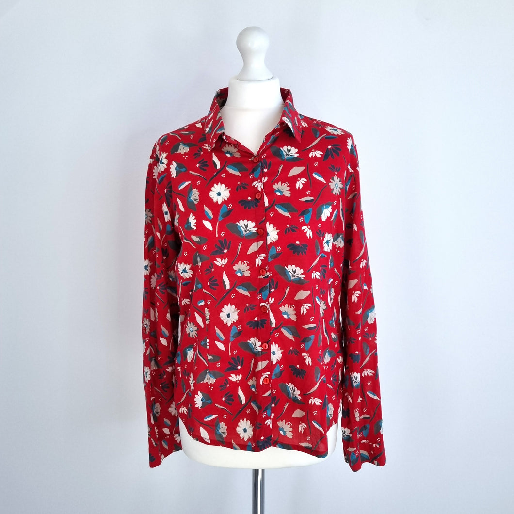 Seasalt Cornwall Larissa Shirt Red Floral Print Cotton Long Sleeves Blouse 10