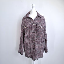 Load image into Gallery viewer, Zara Tweed Shacket Over Shirt Red Black Fringed Raw Rem Long Sleeves XS Work
