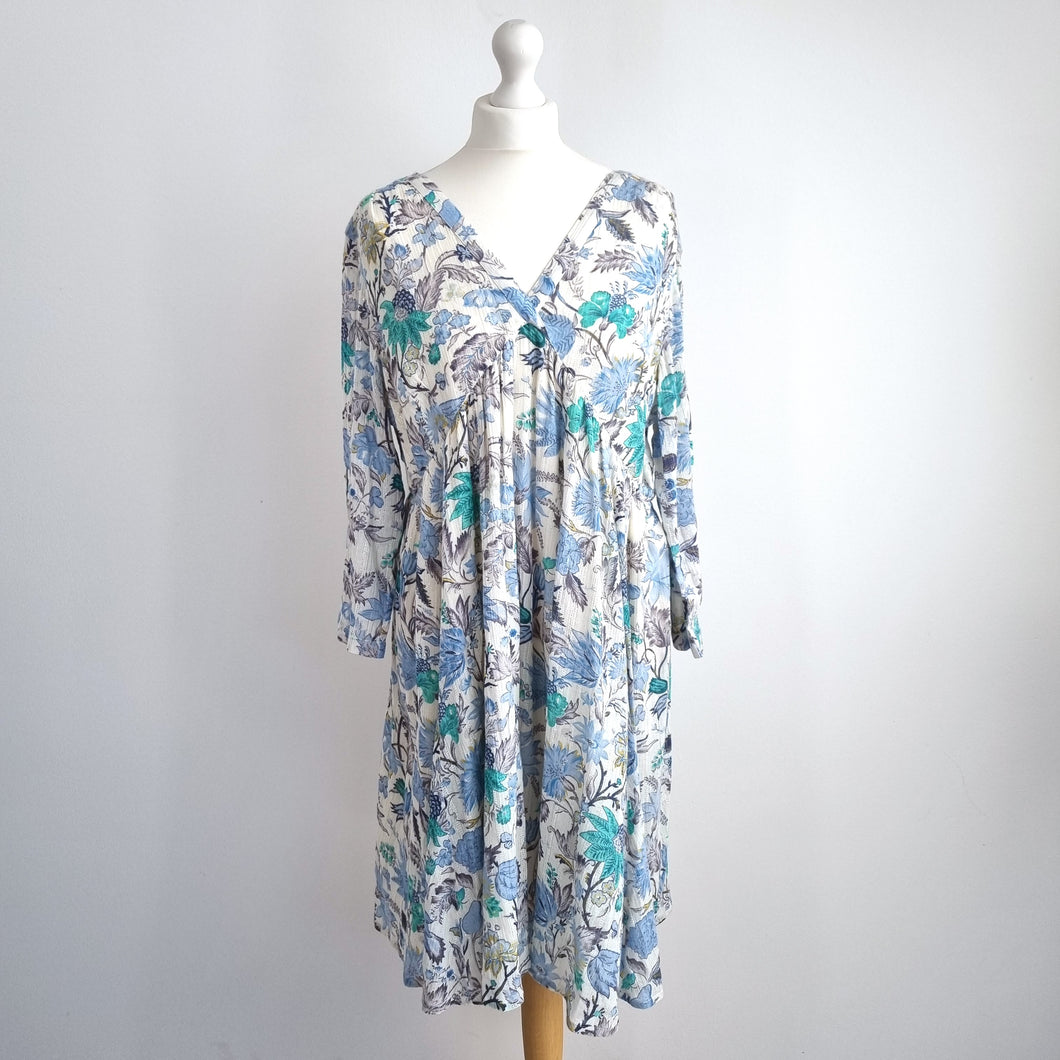 East Dress Smock Floral Block Print Pastel Cotton Lined Metallic Boho 3/4 16