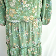 Load image into Gallery viewer, Vintage Prairie Dress Midi Floral Print Mint Green Tiered Peasant Boho 8 10
