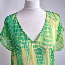 Load image into Gallery viewer, Warehouse 100% Silk Top Tunic Medium Tie-Dye Yellow Green Blouse Beach Coverup
