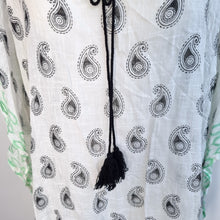 Load image into Gallery viewer, Indian Kaftan Beach Coverup Paisley Print 100% Cotton One Size White Short Boho
