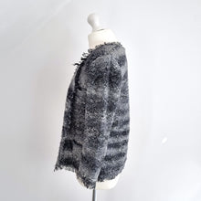 Load image into Gallery viewer, 360 Sweater Cardigan Boucle Knit Fringed Grey Black Distressed Frayed Medium
