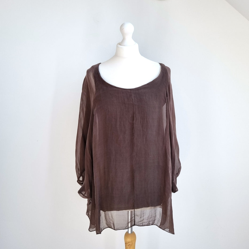 Made in Italy 100% Silk Blouse Brown Top Floaty Lined Dolman Sleeves One Size