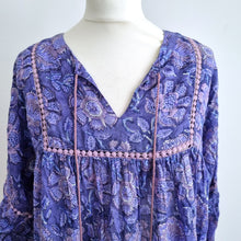 Load image into Gallery viewer, Peony Indian Smock Dress Tunic Floral One Size Purple Mini Cotton Boho Hippie
