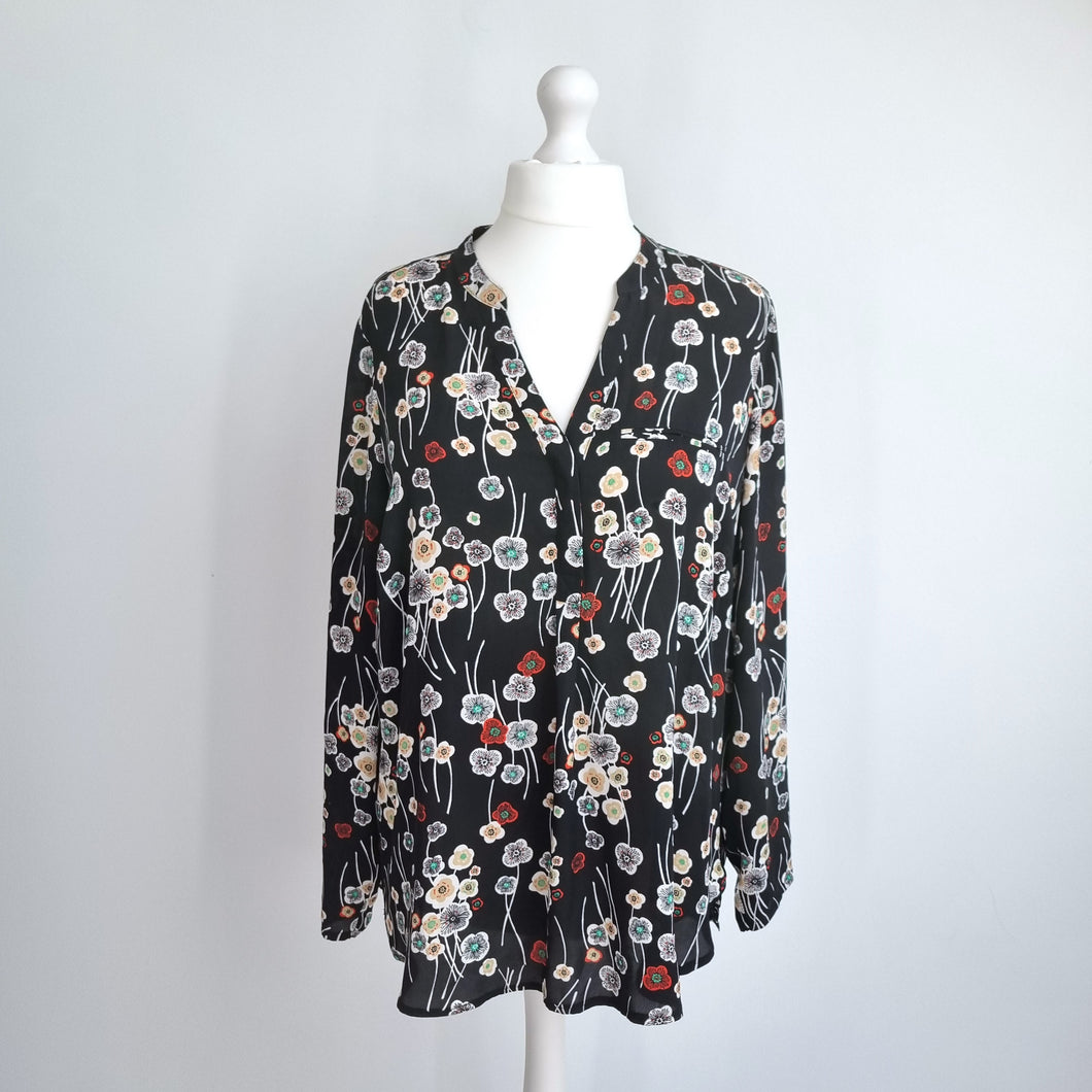 Marks & Spencer Blouse Floral Print Plus Size 22 Black Long Sleeves Smock Top