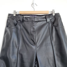 Load image into Gallery viewer, M&amp;S Faux Leather Trousers Tapered High Rise Black Mom Pleated Work 16 Long
