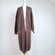 Load image into Gallery viewer, Italian Long Chunky Knit Cardigan Duster Brown Open Front Pockets Boho Cosy
