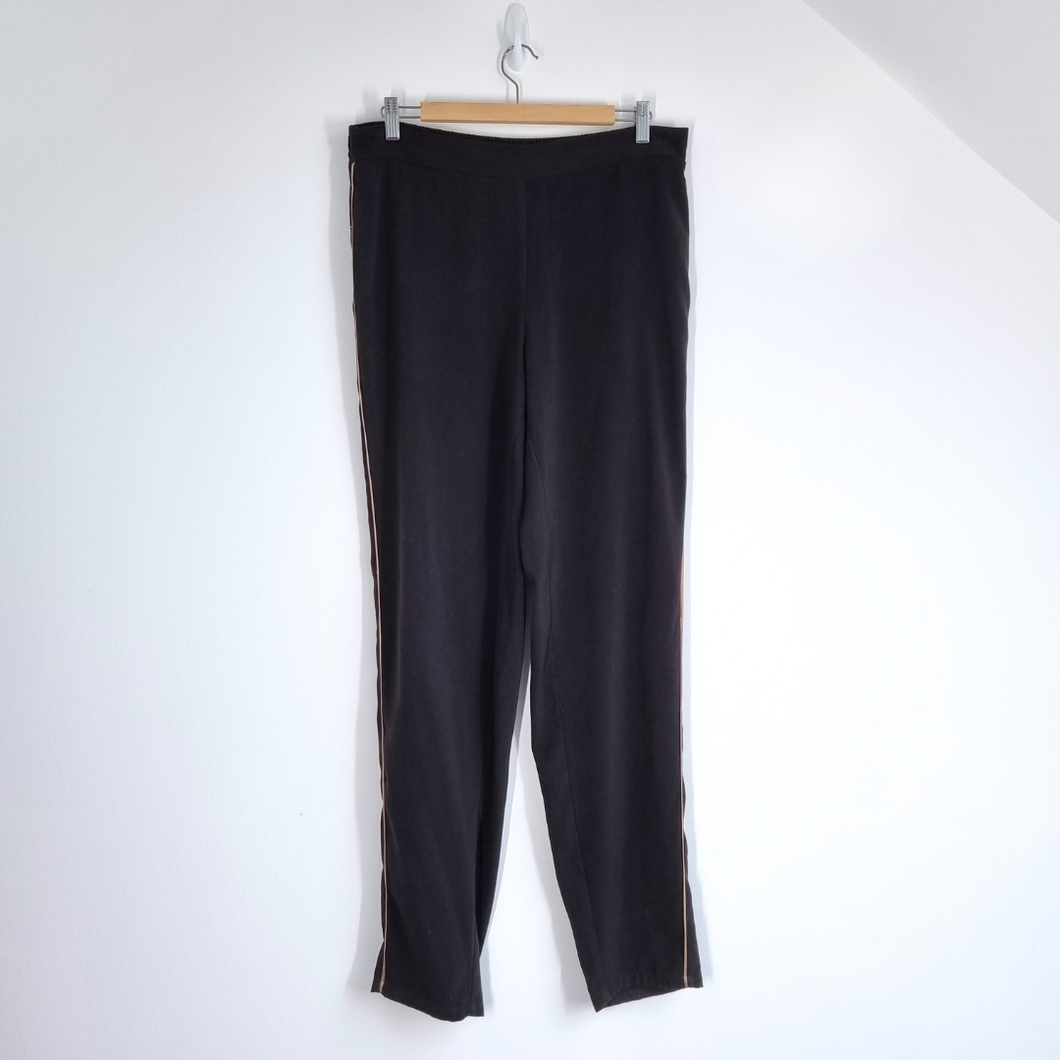 Long Tall Sally Trousers 12 Black Side Stripe Tapered Elasticated Waist Pockets