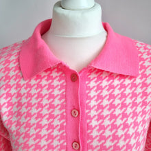 Load image into Gallery viewer, Teria Yabar  Polo Jumper Pink Houndstooth Knit UK 10 12 Y2K Preppy Long Sleeve
