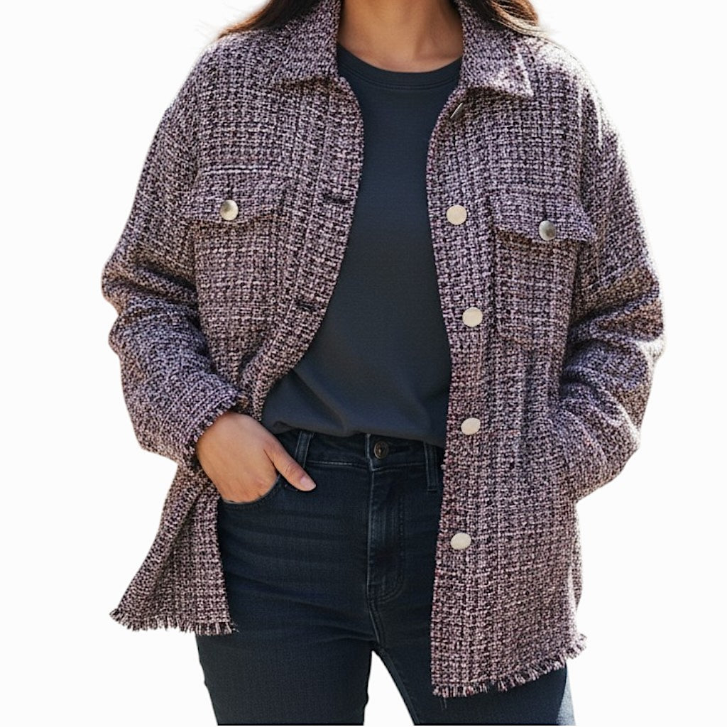 Zara Tweed Shacket Over Shirt Red Black Fringed Raw Rem Long Sleeves XS Work