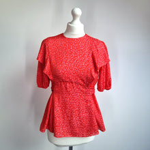 Load image into Gallery viewer, Ted Baker Devore Top Ruffle Size 2 UK 10 Coral Red Puff Sleeves Ties Devonna
