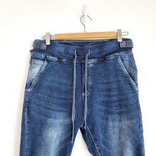 Load image into Gallery viewer, Melly&amp;Co Denim Joggers Made in Italy Jeans Adjustable Dark Blue Stretch Large 12
