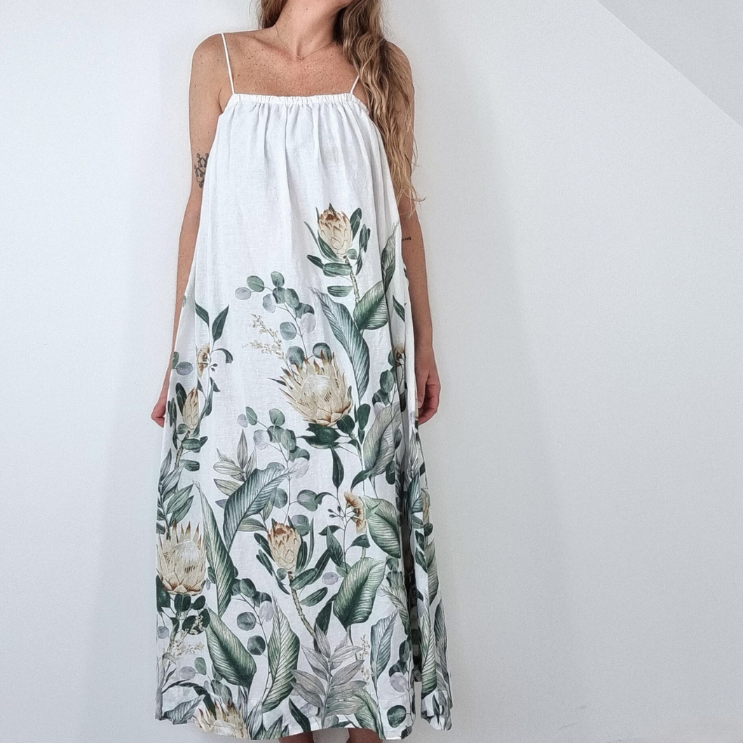 H&M Maxi Dress Linen Blend Slip White Green Floral Leaf Print A Line Medium