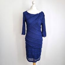 Load image into Gallery viewer, Reiss Lace Bodycon Dress UK 12 Navy Blue Ruched Occasion Evening Knee Length
