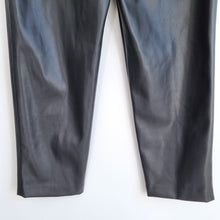 Load image into Gallery viewer, M&amp;S Faux Leather Trousers Tapered High Rise Black Mom Pleated Work 16 Long
