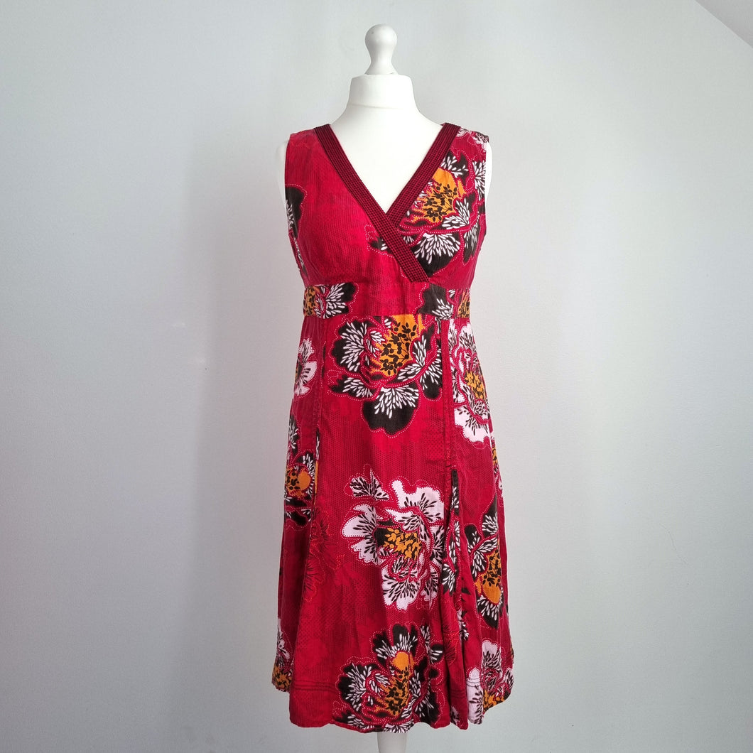 Monsoon 100% Linen Dress UK 14 Red Floral Midi Sundress Empire A Line Casual