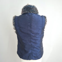 Load image into Gallery viewer, M&amp;S Per Una Gilet Navy Blue Faux Fur Trim Vest Medium Waistcoat Pockets Casual
