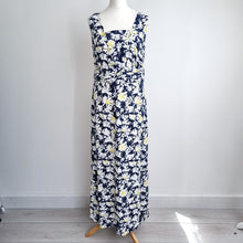 Load image into Gallery viewer, Adini Floral Maxi Dress Size Medium Navy White Yellow Cotton Sleeveless Summer
