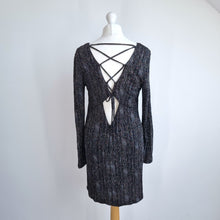 Load image into Gallery viewer, Topshop Glitter Bodycon Dress UK 14 Black Open Back Party Stretch Sparkly Sleeve
