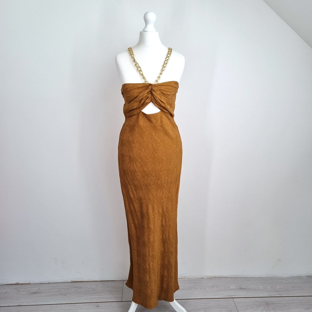 Warehouse Midi Dress Chain Straps Cutout 8 10 Tan Jacquard Party Halter Ruched
