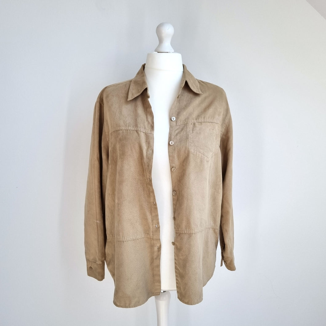 Marks & Spencer Shirt Faux Suede Beige Blouse Top Chamois Button Down Size 16