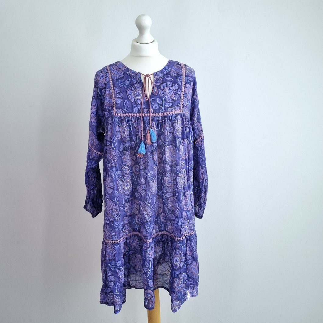 Peony Indian Smock Dress Tunic Floral One Size Purple Mini Cotton Boho Hippie
