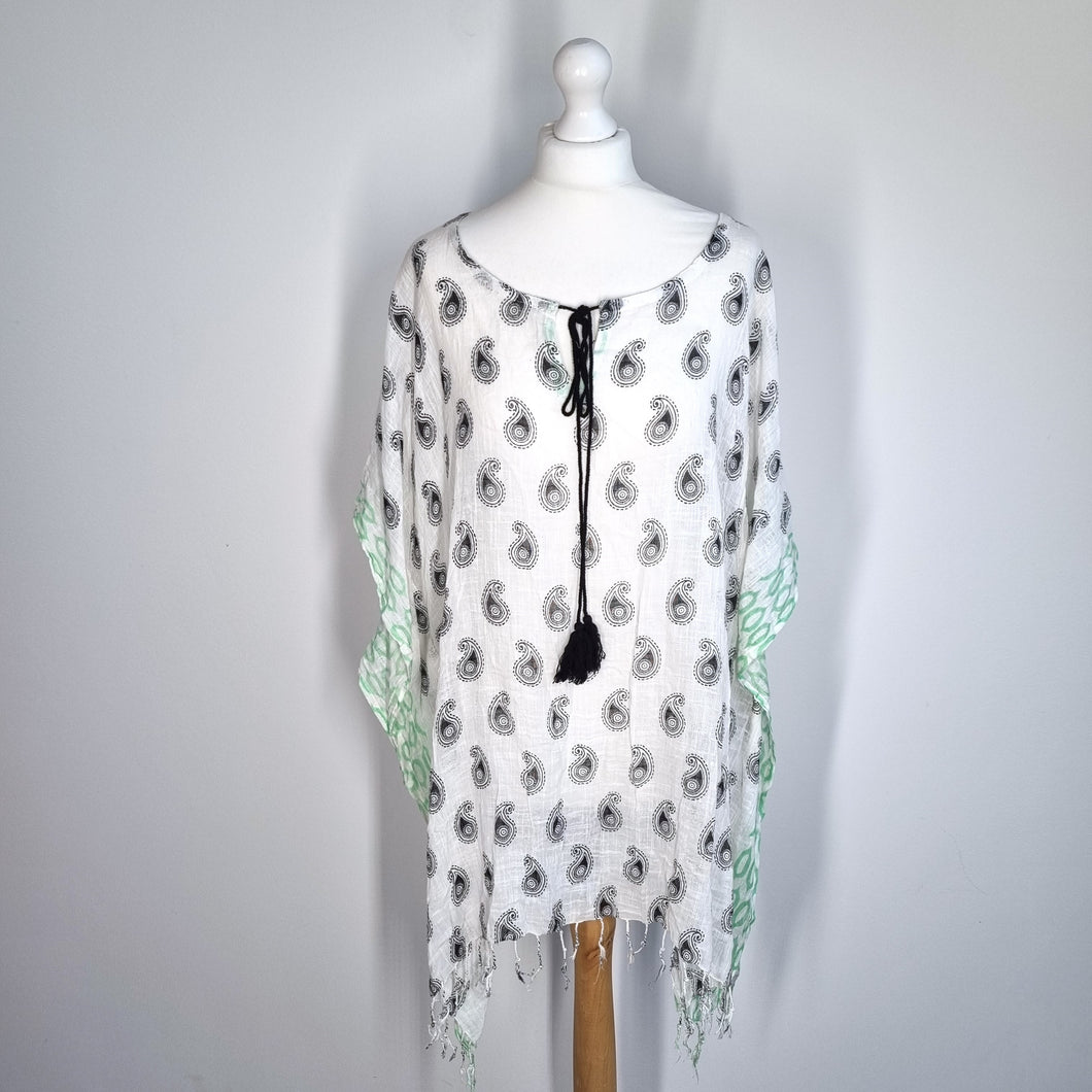 Indian Kaftan Beach Coverup Paisley Print 100% Cotton One Size White Short Boho