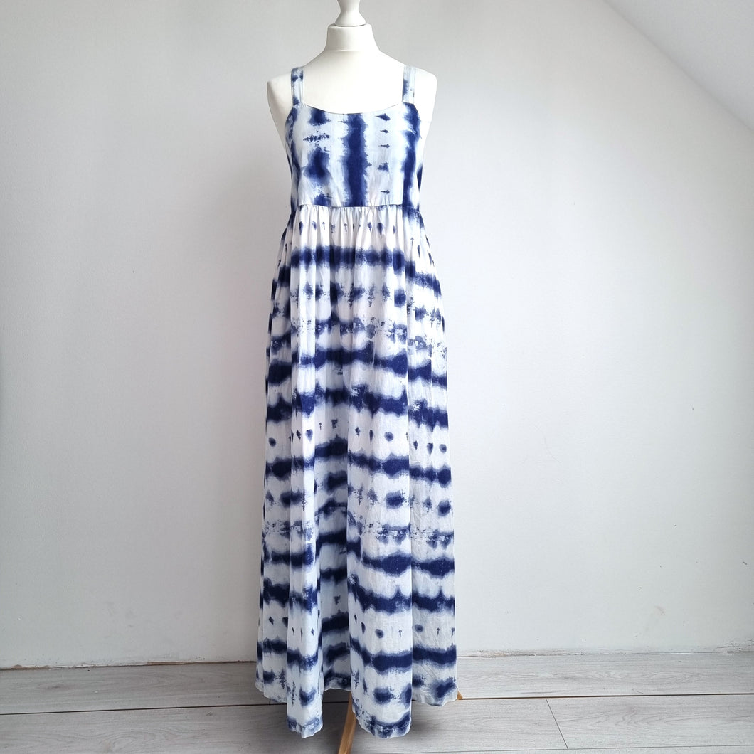 Next Maxi Dress Tie-Dye 100% Cotton Blue White Back Bow Detail Sleeveless 14