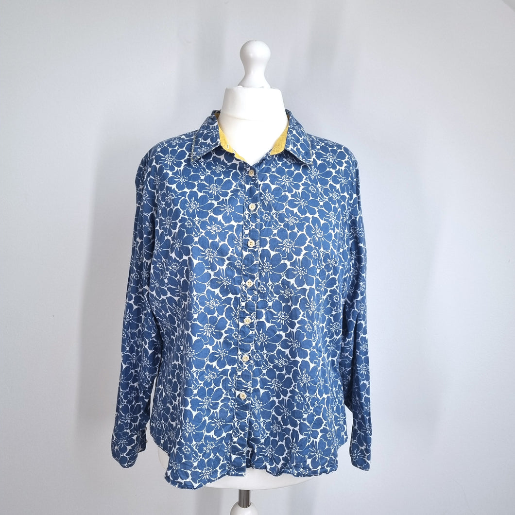 Boden Shirt Floral Print UK 20 Blue 100% Cotton Blouse Long Sleeves Button Down