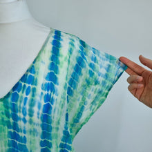 Load image into Gallery viewer, Warehouse 100% Silk Top Tunic Large Tie-Dye Blue Green Blouse Beach Coverup
