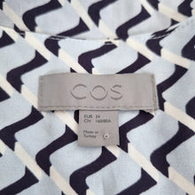 Load image into Gallery viewer, COS Dress Pleated A Line Pocket Blue Print UK 6 Work Cocktail Cotton Asymmetric
