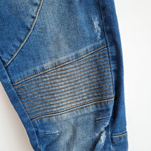 Load image into Gallery viewer, Zara Biker Jeans Distressed Skinny Zips Mid Blue Slim Ripped High Rise 40 UK 12
