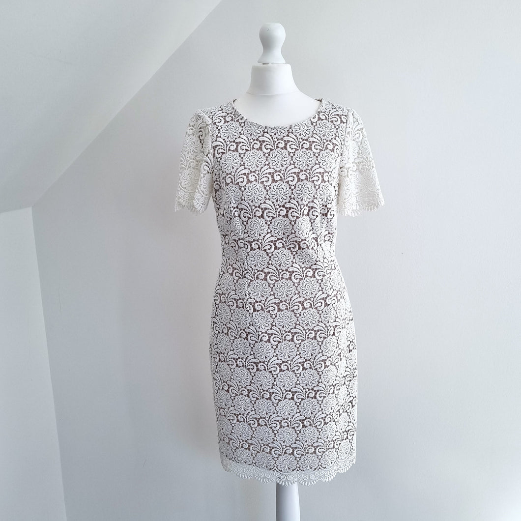 Reiss Dress Lace Shift Off White Nude Lining Swift Scalloped Cocktail Floral 8