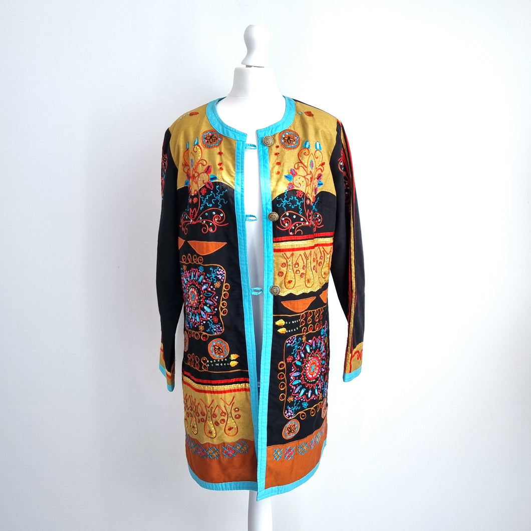 Indigo Moon Jacket Embroidered Duster Button Down Bohemian Patchwork Arty Small
