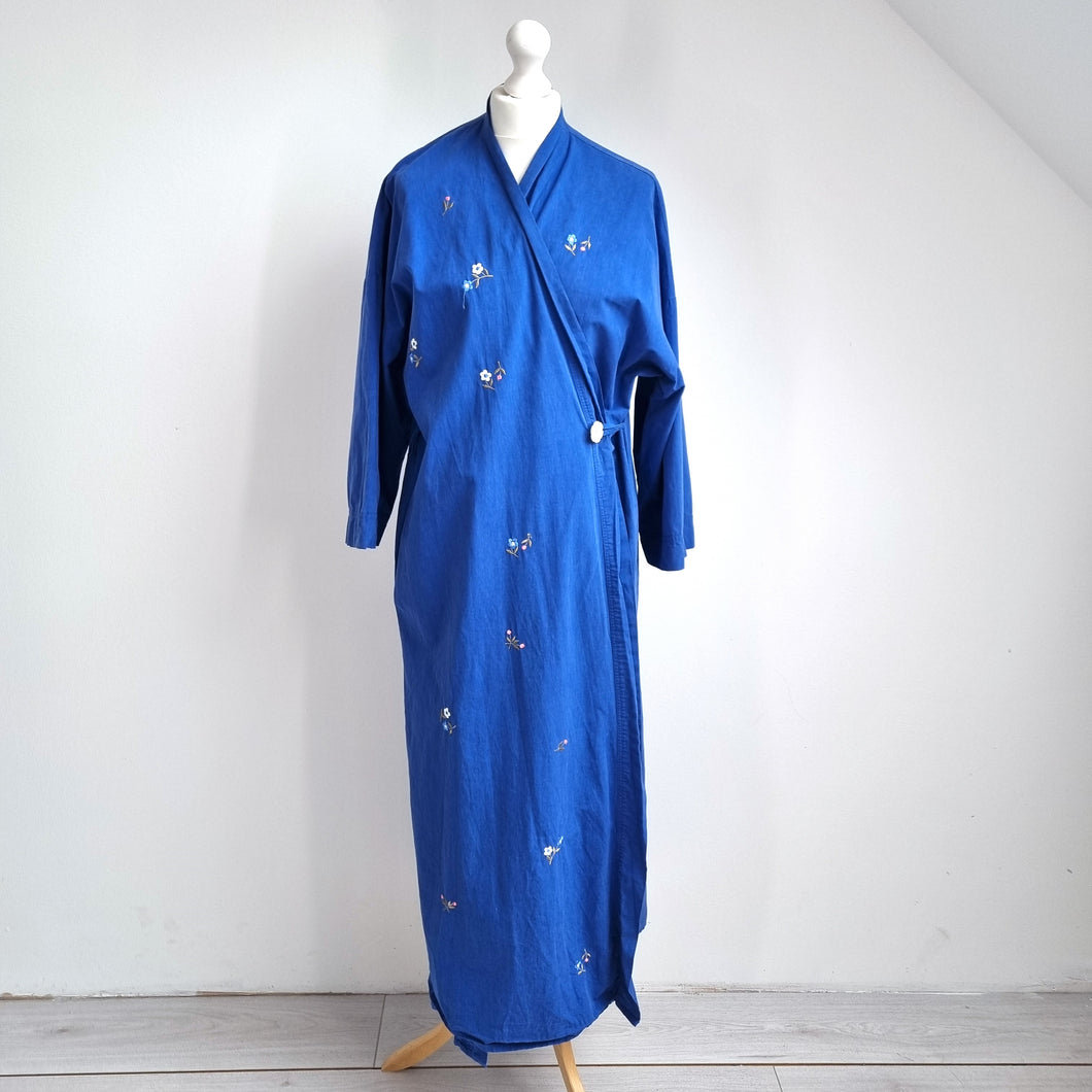 Vintage St Michael Robe Dressing Gown Blue Embroidered Cotton Wrap Kimono 10 12