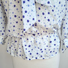 Load image into Gallery viewer, Vintage Hamells 80s Blouse White Purple Polka Dot Pussy Bow Tie Peplum 12 Petit
