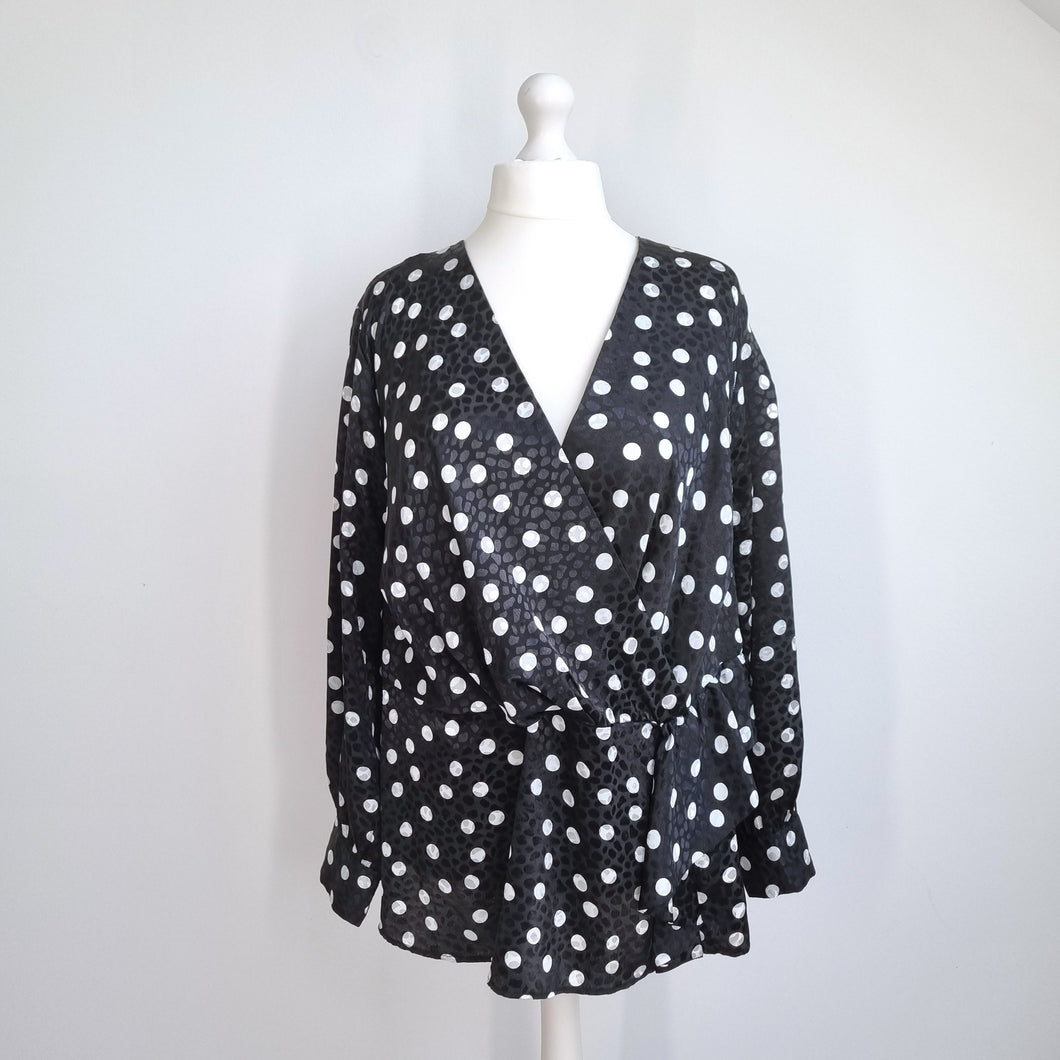 Joe Browns Blouse Polka Dot Plus Size 24 Black Smock Peplum Top Wrap Long Sleeve