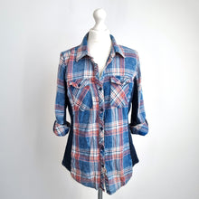 Load image into Gallery viewer, Ci Sono Plaid Shirt Size Large Check Denim Contrast Panels Cotton Fitted Women
