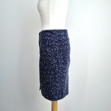 Load image into Gallery viewer, Kew Corduroy Tulip Skirt UK 10 Ditsy Floral Button Cotton Stretch Blue Pockets
