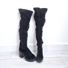 Load image into Gallery viewer, H&amp;M Thigh High Boot UK 8 EU41 Black Faux Suede Chunky Heel Slouchy Over Knee
