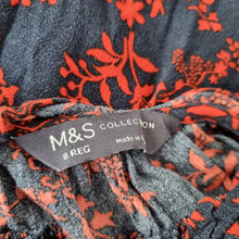 Load image into Gallery viewer, M&amp;S Midi Dress Floral Print Long Sleeves Navy Red Tiered Ruffles Belted Work 8
