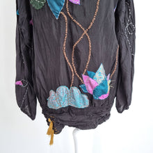 Load image into Gallery viewer, Desigual Blouse Tunic Embroidered Aplique Floral Black Boho Long Sleeves Small
