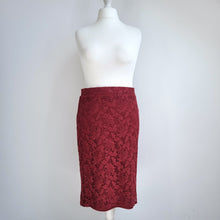 Load image into Gallery viewer, M&amp;S Lace Pencil Skirt Midi UK 16 Burgundy Limited Collection Mulberry Lined Zip
