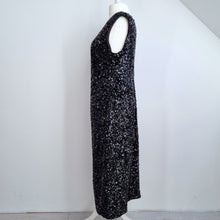 Load image into Gallery viewer, M&amp;S Sequin Midi Dress Size 18 Black Wiggle Lined Ruched Sleeveless Xmas Party

